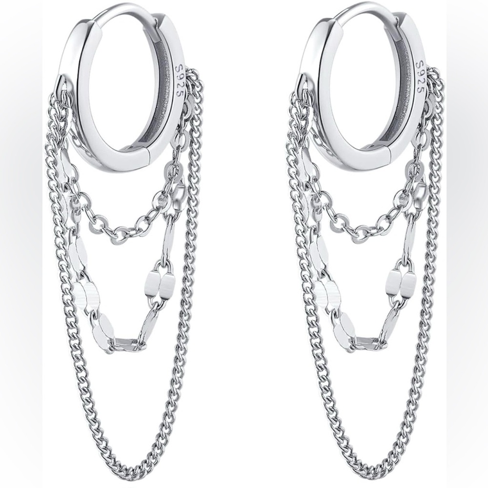 925 Sterling Silver Dangle Chain Hoop Earrings - Picture 2 of 5